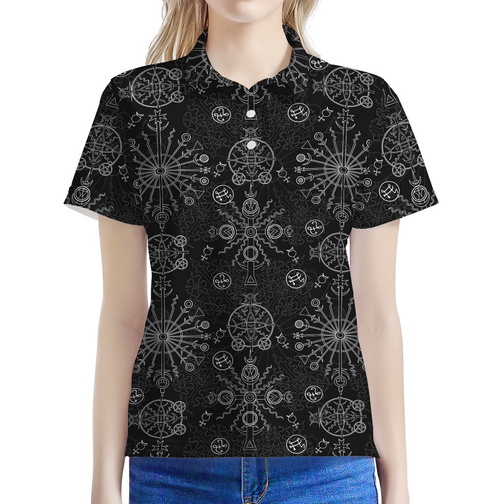Black And White Wiccan Mystic Print Women's Polo Shirt