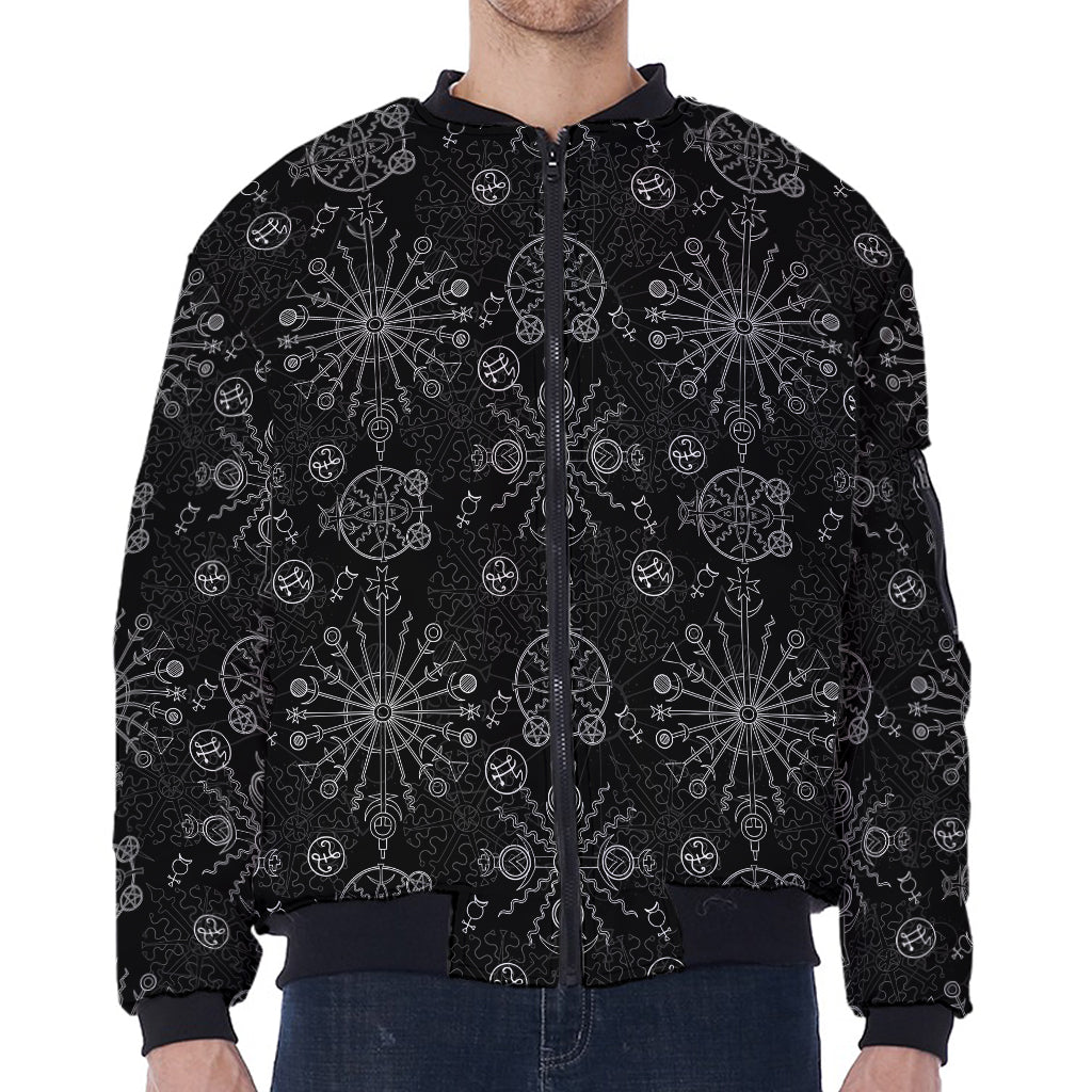 Black And White Wiccan Mystic Print Zip Sleeve Bomber Jacket
