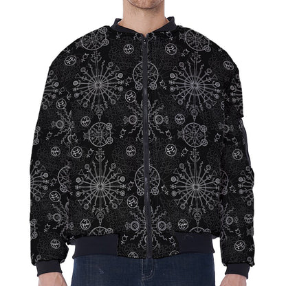 Black And White Wiccan Mystic Print Zip Sleeve Bomber Jacket