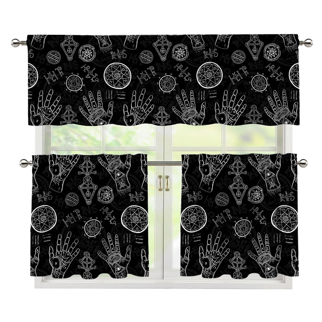 Black And White Wiccan Palmistry Print 3 Piece Kitchen Curtains