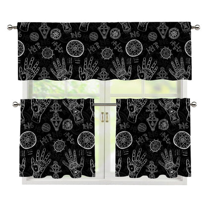 Black And White Wiccan Palmistry Print 3 Piece Kitchen Curtains