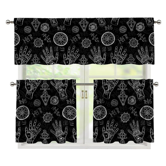 Black And White Wiccan Palmistry Print 3 Piece Kitchen Curtains