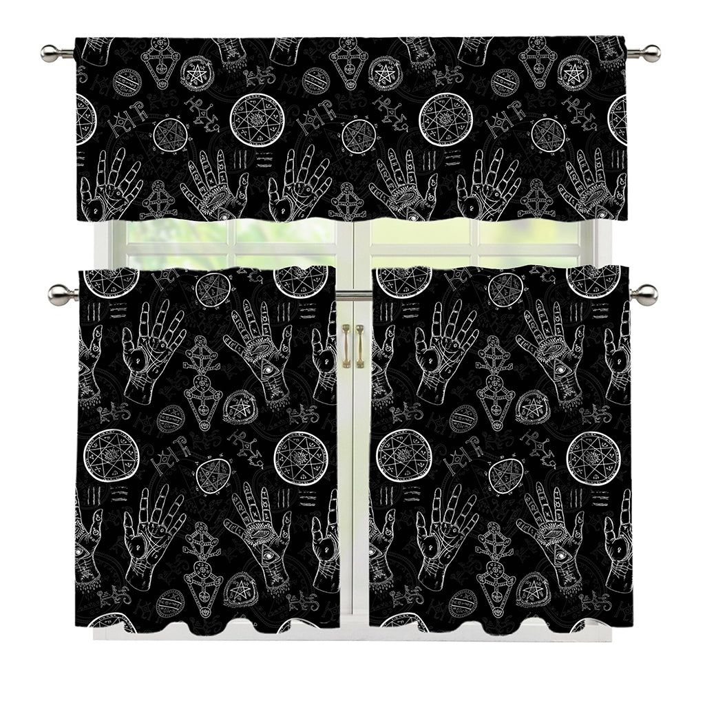 Black And White Wiccan Palmistry Print 3 Piece Kitchen Curtains