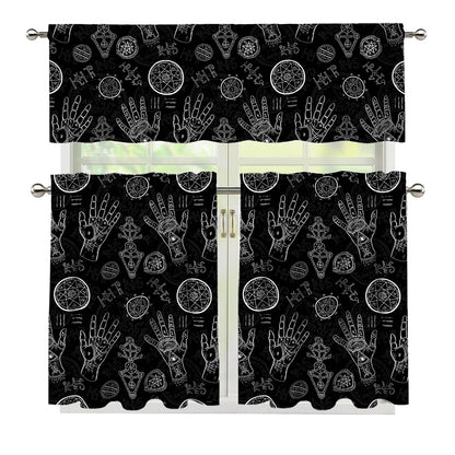Black And White Wiccan Palmistry Print 3 Piece Kitchen Curtains
