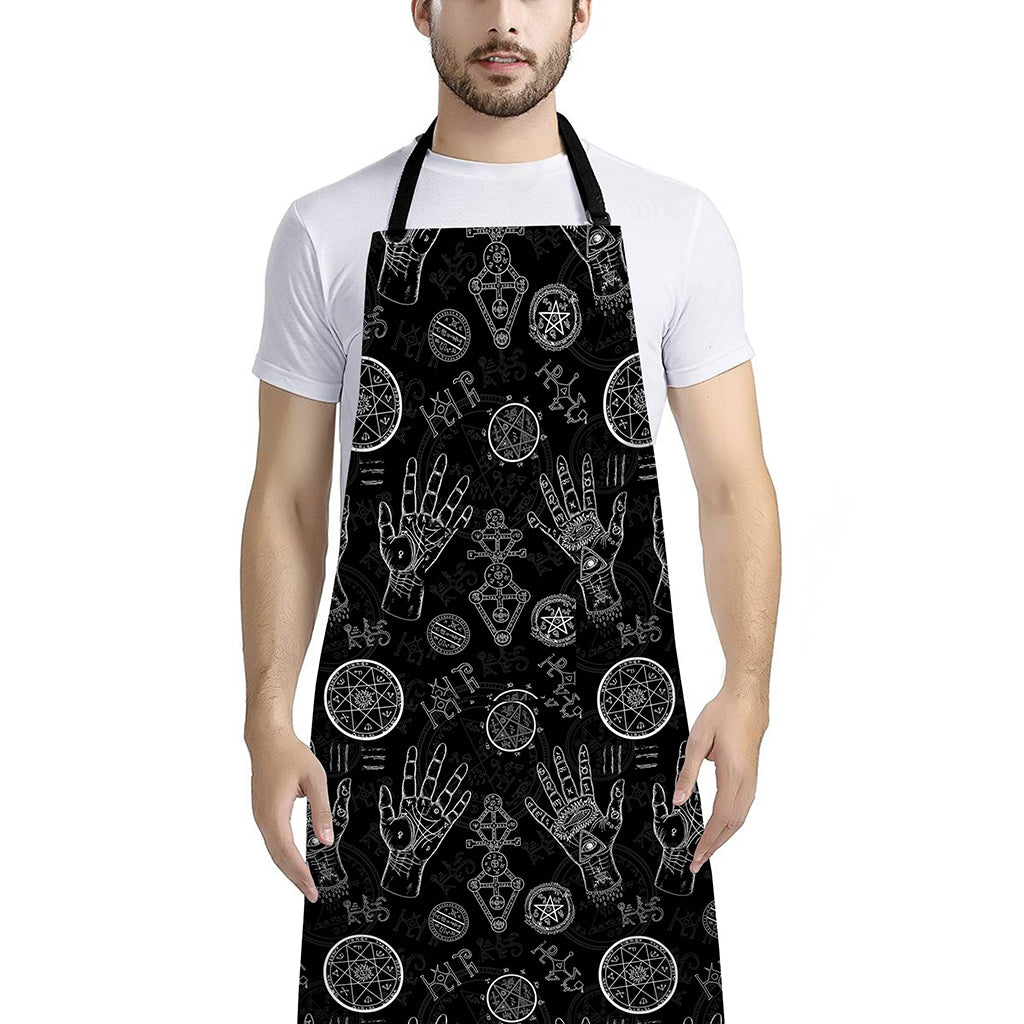Black And White Wiccan Palmistry Print Bib Apron With Pocket