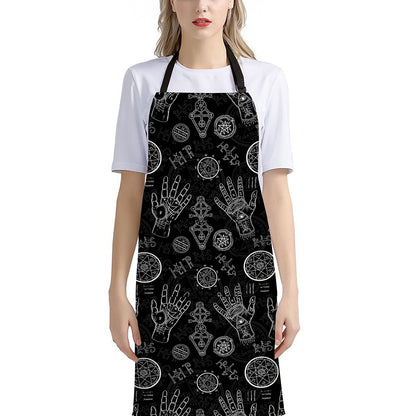 Black And White Wiccan Palmistry Print Bib Apron With Pocket