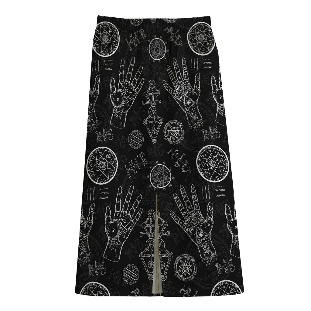 Black And White Wiccan Palmistry Print Cotton Front Slit Maxi Skirt