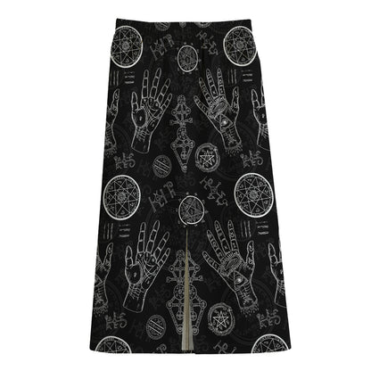 Black And White Wiccan Palmistry Print Cotton Front Slit Maxi Skirt