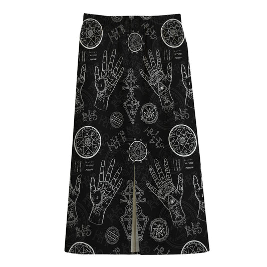 Black And White Wiccan Palmistry Print Cotton Front Slit Maxi Skirt