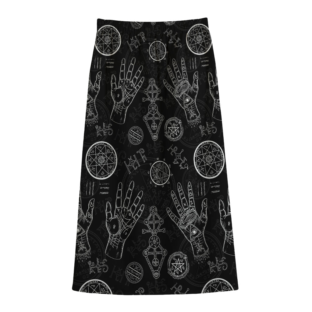 Black And White Wiccan Palmistry Print Cotton Front Slit Maxi Skirt