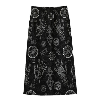 Black And White Wiccan Palmistry Print Cotton Front Slit Maxi Skirt