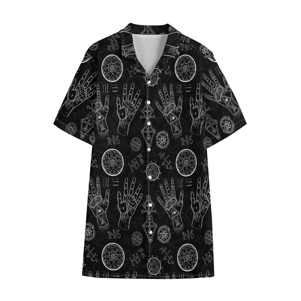 Black And White Wiccan Palmistry Print Cotton Hawaiian Shirt