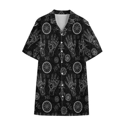 Black And White Wiccan Palmistry Print Cotton Hawaiian Shirt