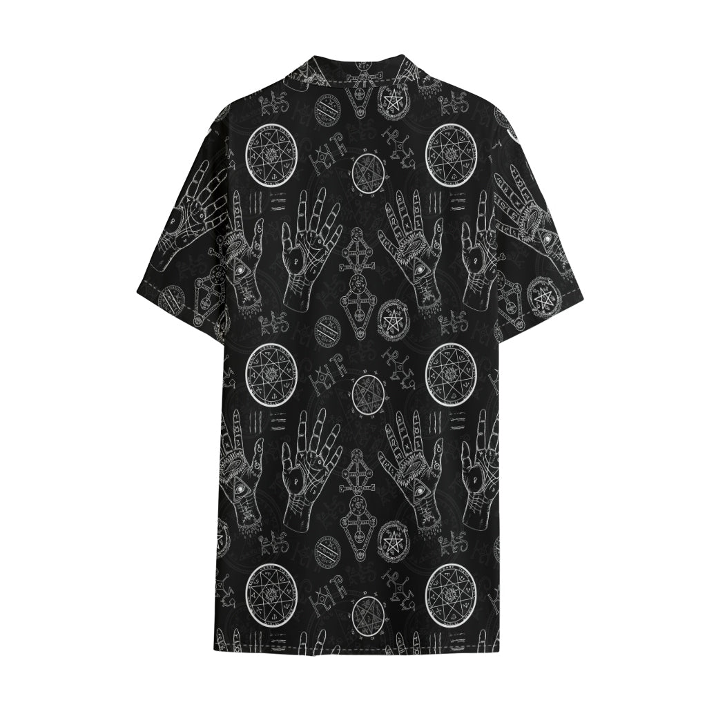 Black And White Wiccan Palmistry Print Cotton Hawaiian Shirt