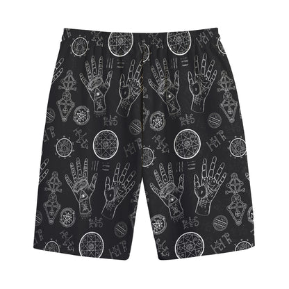 Black And White Wiccan Palmistry Print Cotton Shorts