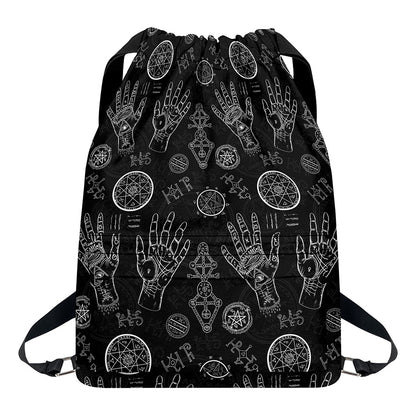 Black And White Wiccan Palmistry Print Drawstring Backpack