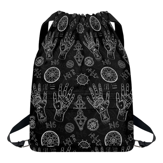 Black And White Wiccan Palmistry Print Drawstring Backpack