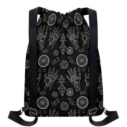 Black And White Wiccan Palmistry Print Drawstring Backpack