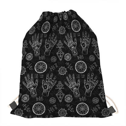 Black And White Wiccan Palmistry Print Drawstring Bag