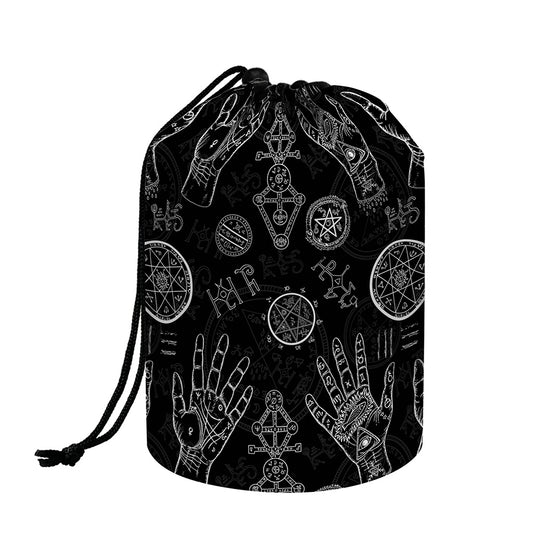 Black And White Wiccan Palmistry Print Drawstring Makeup Bag