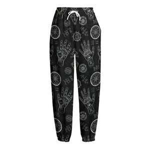 Black And White Wiccan Palmistry Print Fleece Lined Knit Pants