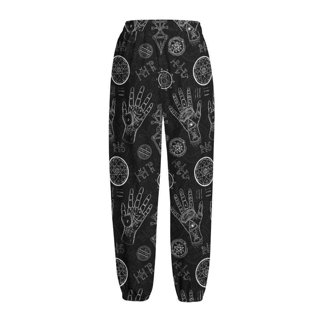 Black And White Wiccan Palmistry Print Fleece Lined Knit Pants