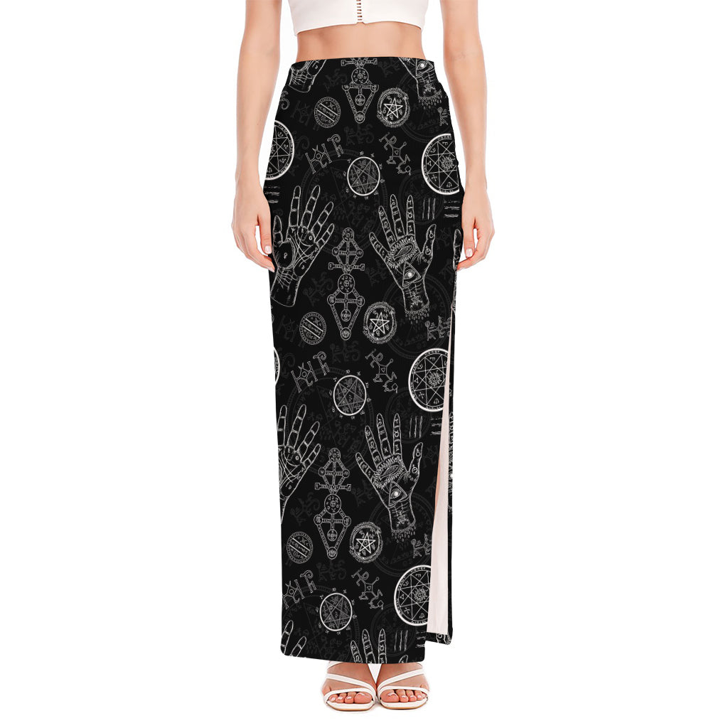 Black And White Wiccan Palmistry Print High Slit Maxi Skirt