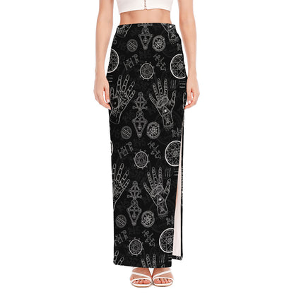 Black And White Wiccan Palmistry Print High Slit Maxi Skirt