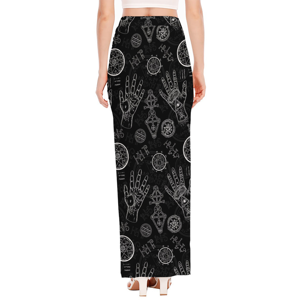Black And White Wiccan Palmistry Print High Slit Maxi Skirt