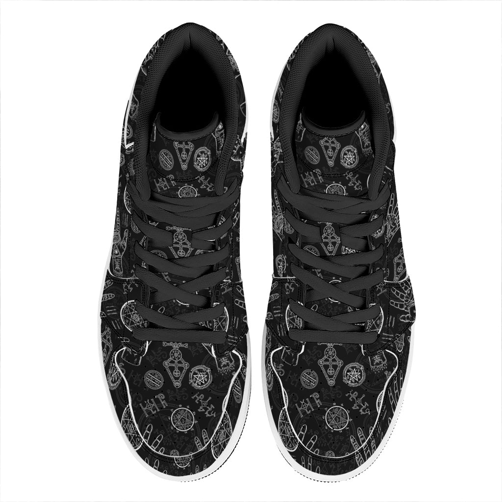Black And White Wiccan Palmistry Print High Top Leather Sneakers