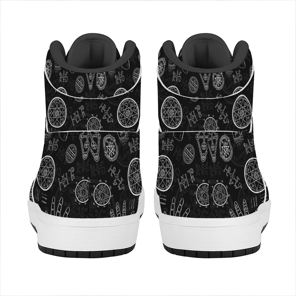 Black And White Wiccan Palmistry Print High Top Leather Sneakers