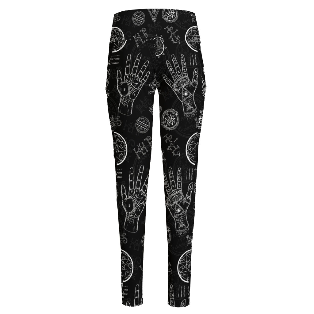 Black And White Wiccan Palmistry Print High-Waisted Pocket Leggings