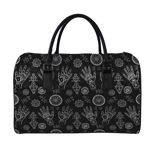 Black And White Wiccan Palmistry Print Leather Duffle Bag