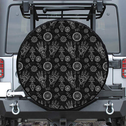 Black And White Wiccan Palmistry Print Leather Spare Tire Cover