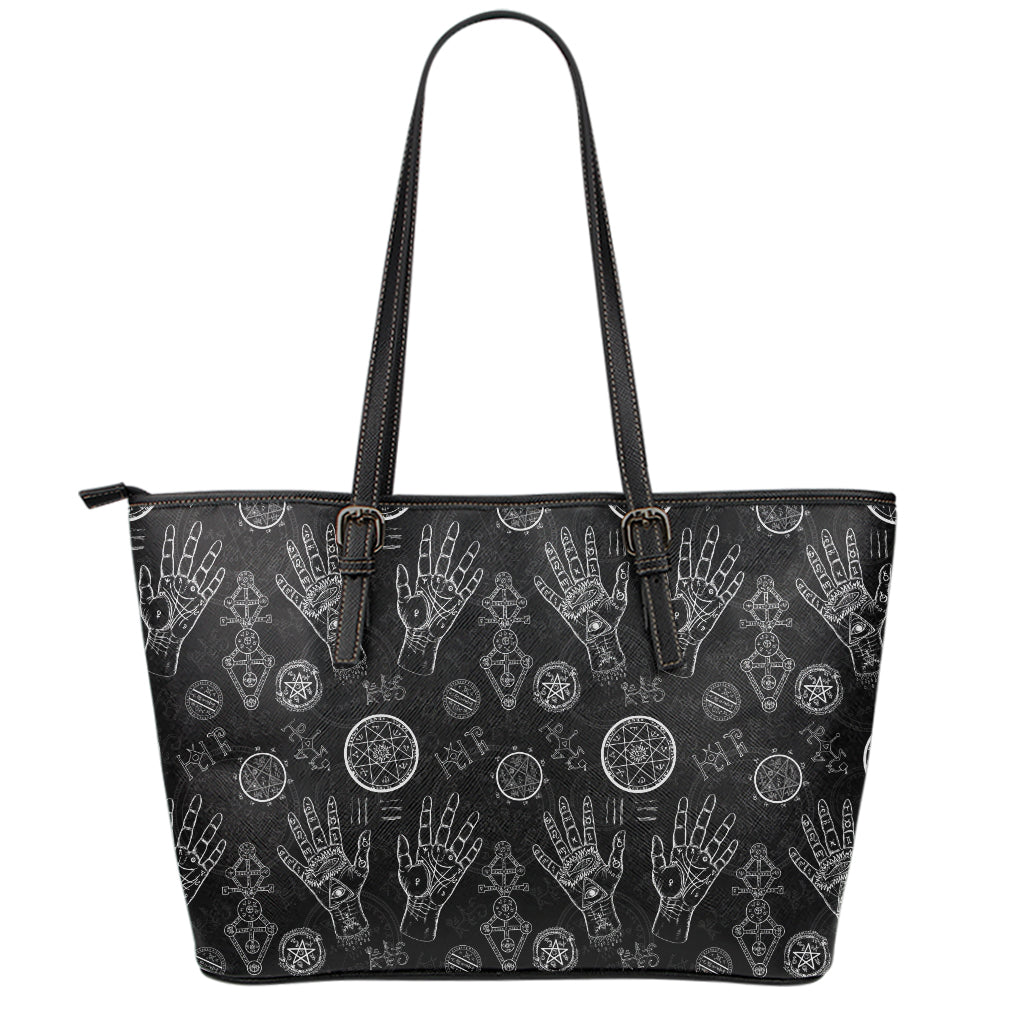 Black And White Wiccan Palmistry Print Leather Tote Bag