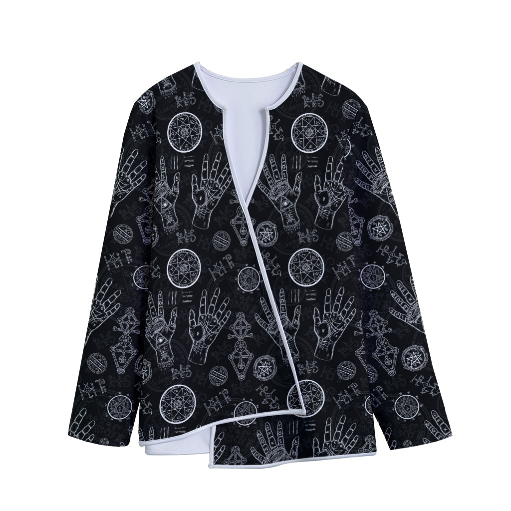 Black And White Wiccan Palmistry Print Long Sleeve Short Coat