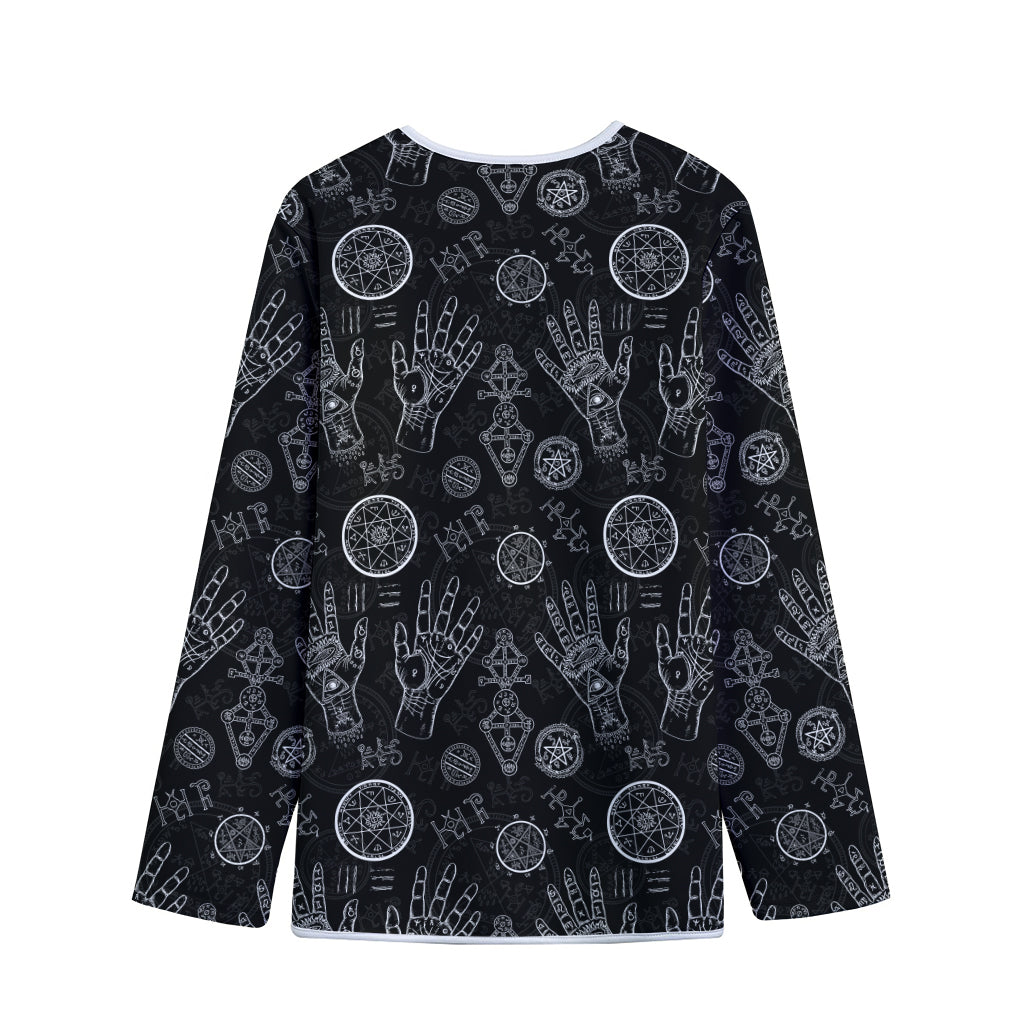 Black And White Wiccan Palmistry Print Long Sleeve Short Coat