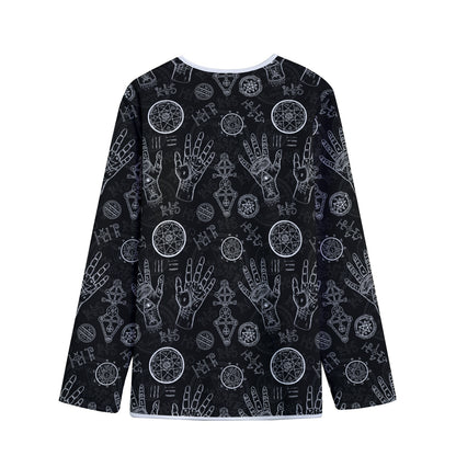 Black And White Wiccan Palmistry Print Long Sleeve Short Coat