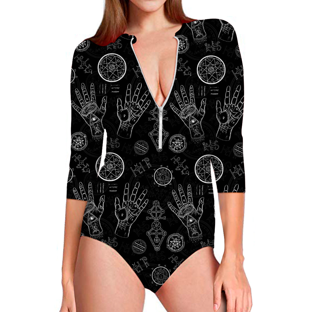 Black And White Wiccan Palmistry Print Long Sleeve Swimsuit