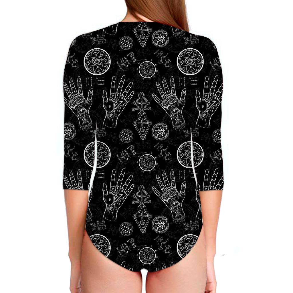 Black And White Wiccan Palmistry Print Long Sleeve Swimsuit