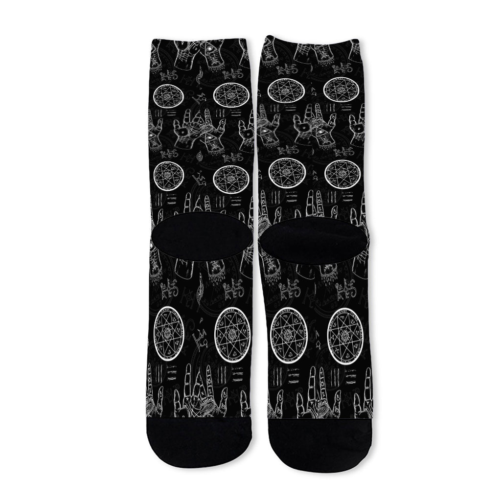Black And White Wiccan Palmistry Print Long Socks