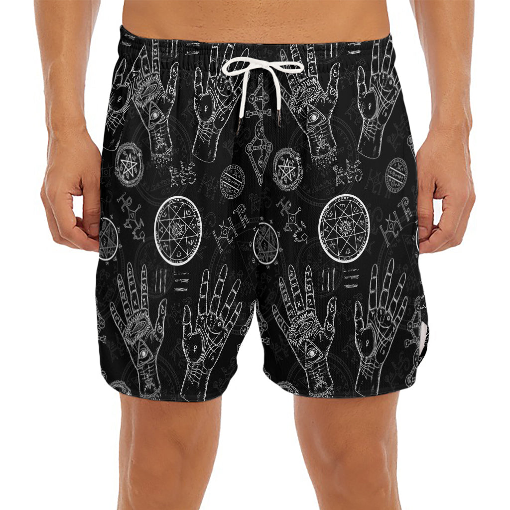 Black And White Wiccan Palmistry Print Men's Split Running Shorts