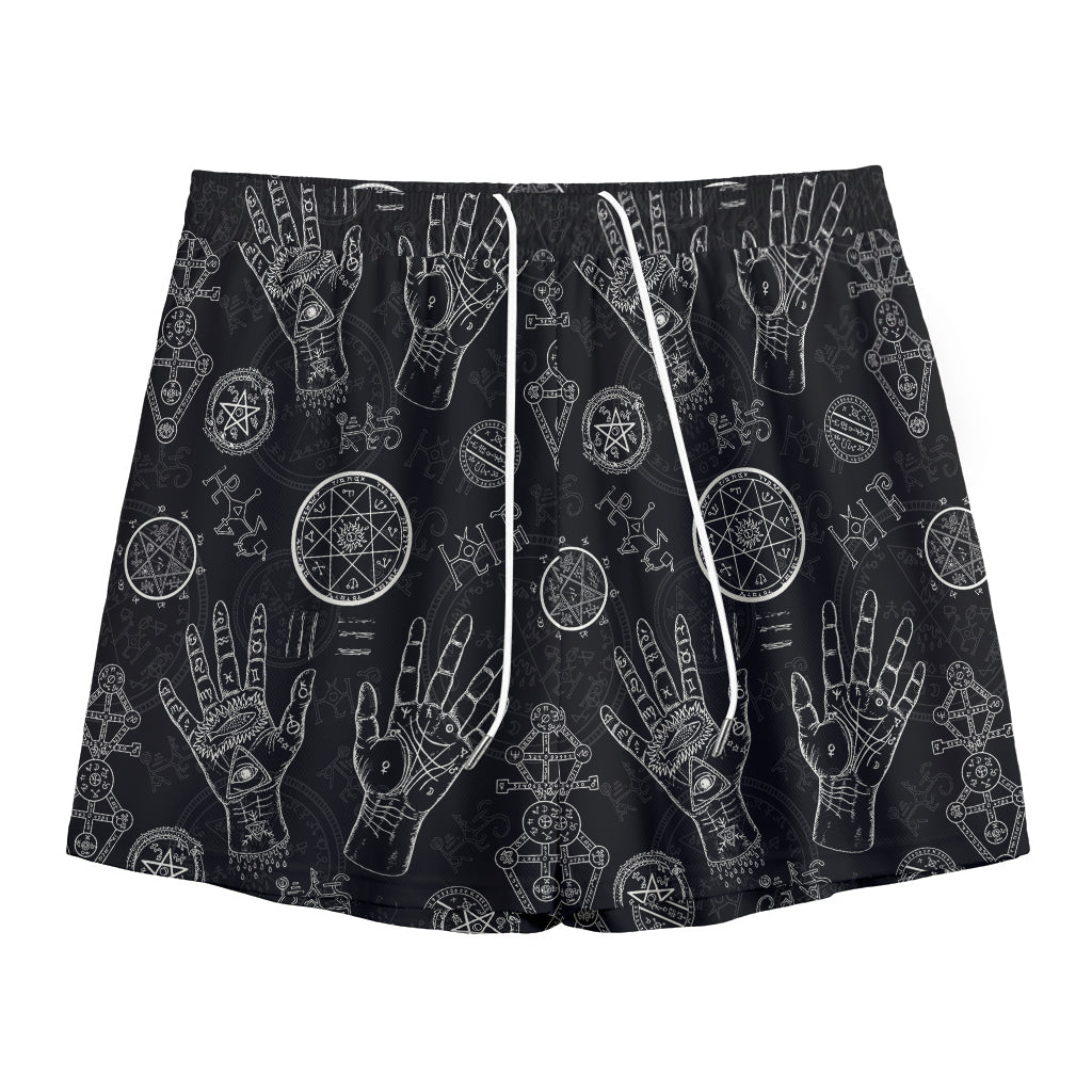 Black And White Wiccan Palmistry Print Mesh Shorts