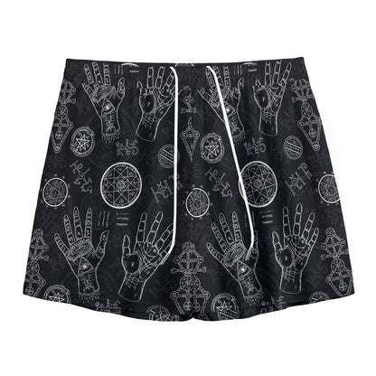 Black And White Wiccan Palmistry Print Mesh Shorts