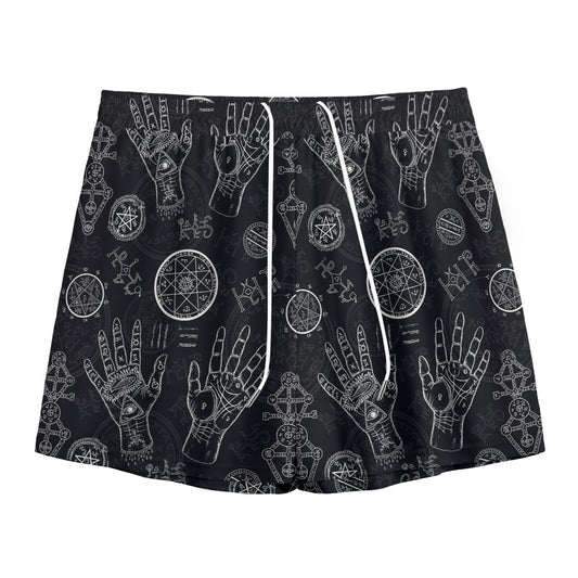 Black And White Wiccan Palmistry Print Mesh Shorts
