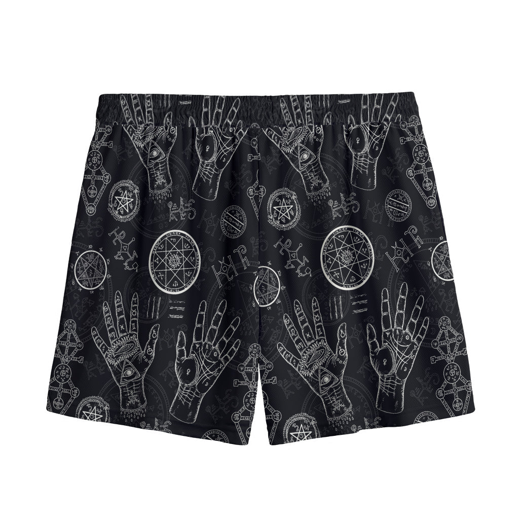 Black And White Wiccan Palmistry Print Mesh Shorts