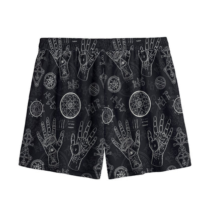 Black And White Wiccan Palmistry Print Mesh Shorts