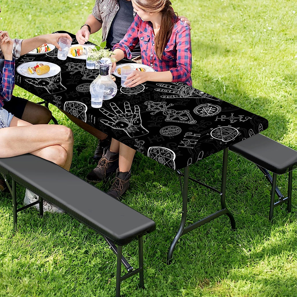Black And White Wiccan Palmistry Print Picnic Table Cover