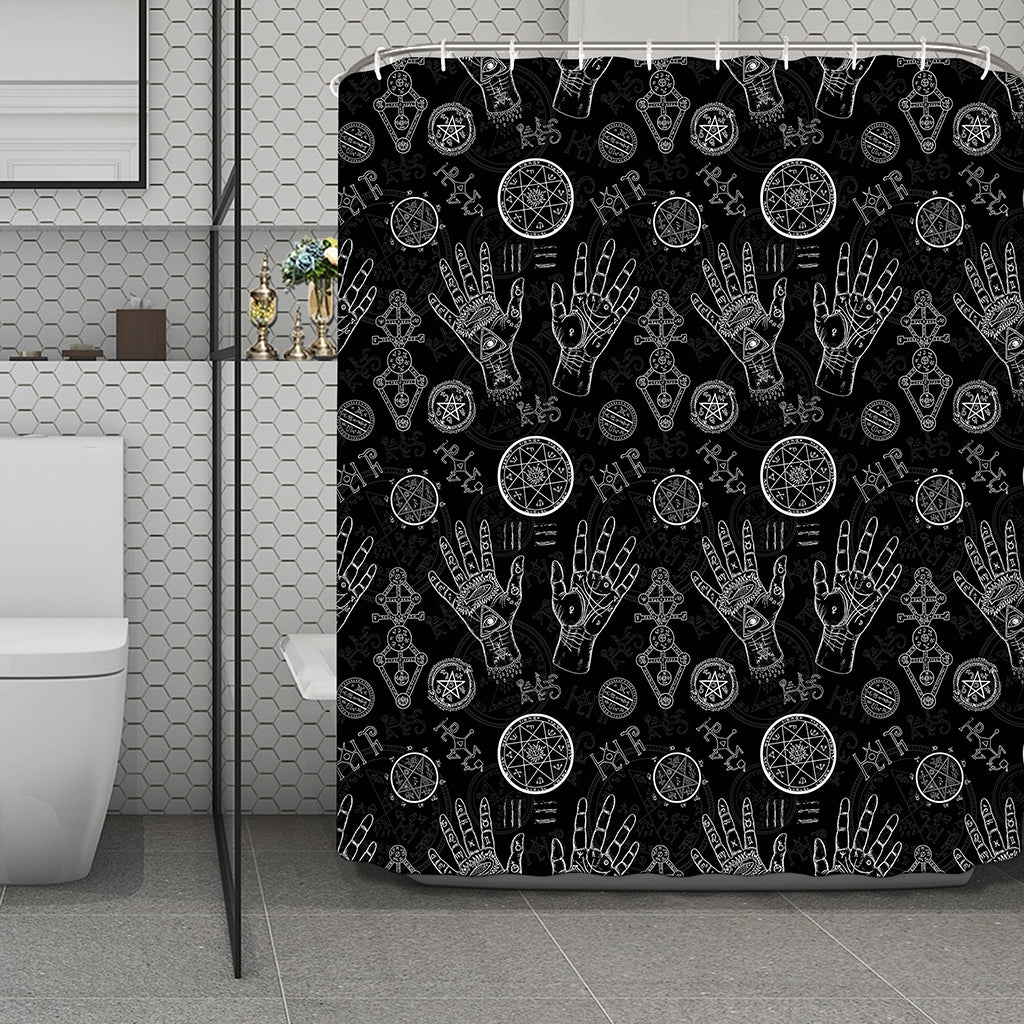Black And White Wiccan Palmistry Print Polyester Shower Curtain
