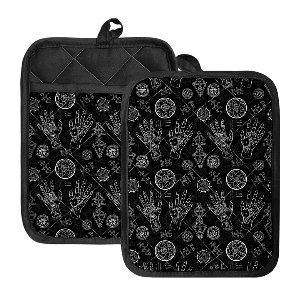 Black And White Wiccan Palmistry Print Pot Holders With Pocket